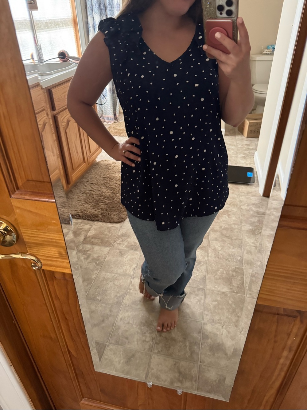 JODIFL Navy Sleeveless Polka Dot V-Neck Blouse